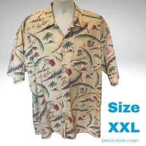 Casual Button Down Shirt with Tropical Palm and Sailboats Pattern, Size XXL